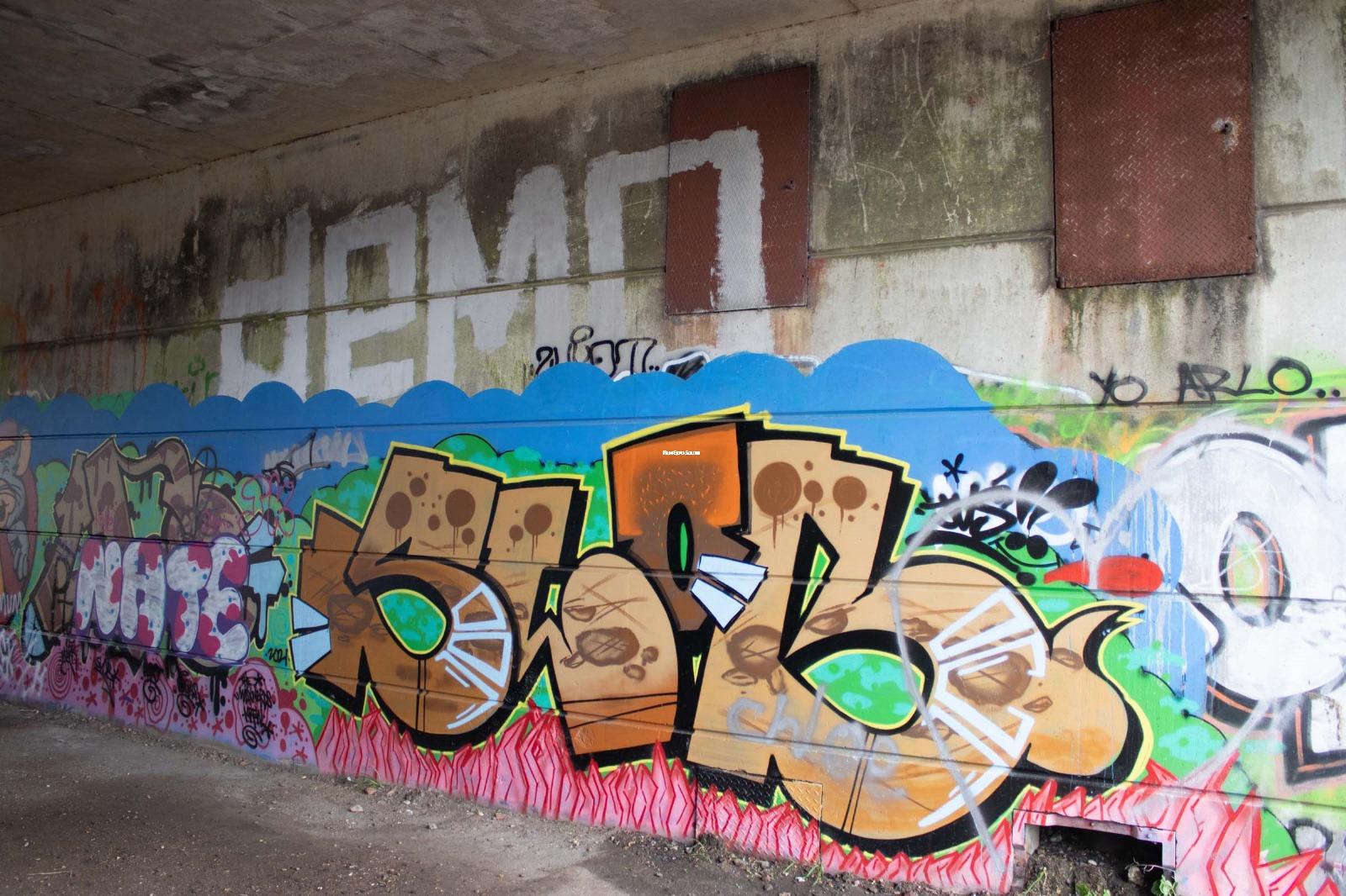Graffiti-covered bridge underpass filming location in Southampton